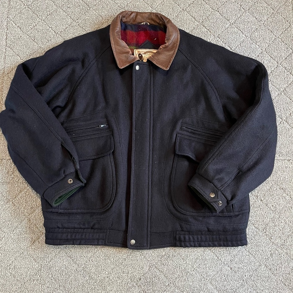 Vintage American Outerwear Bomber Wool Jacket Mens Size XL Blue Zip Snap Lined